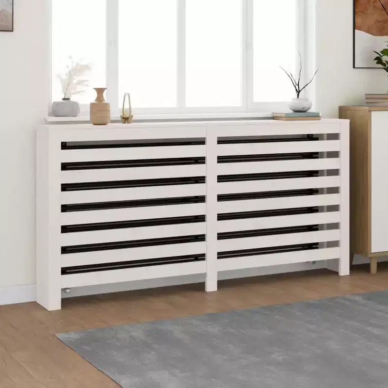 vidaXL Radiator Cover - White Solid Pine Wood Decorative Shelf with Modern Slat Design, Dimension 66.5x7.5x33.1