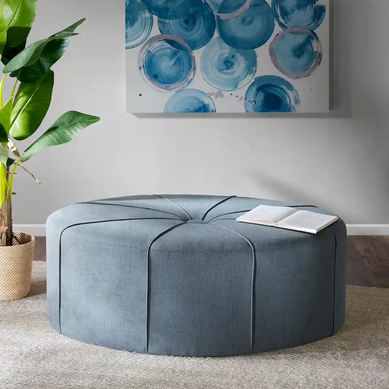 Blue / Cream / Grey Oval Tufted Ottoman, Seats 1
