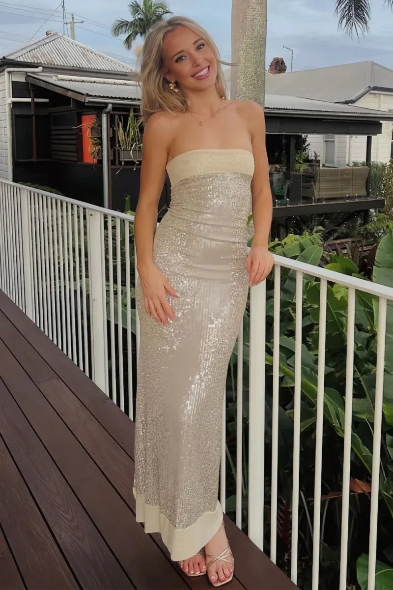 Sage Sheath Strapless Sequined Long Prom Dresses