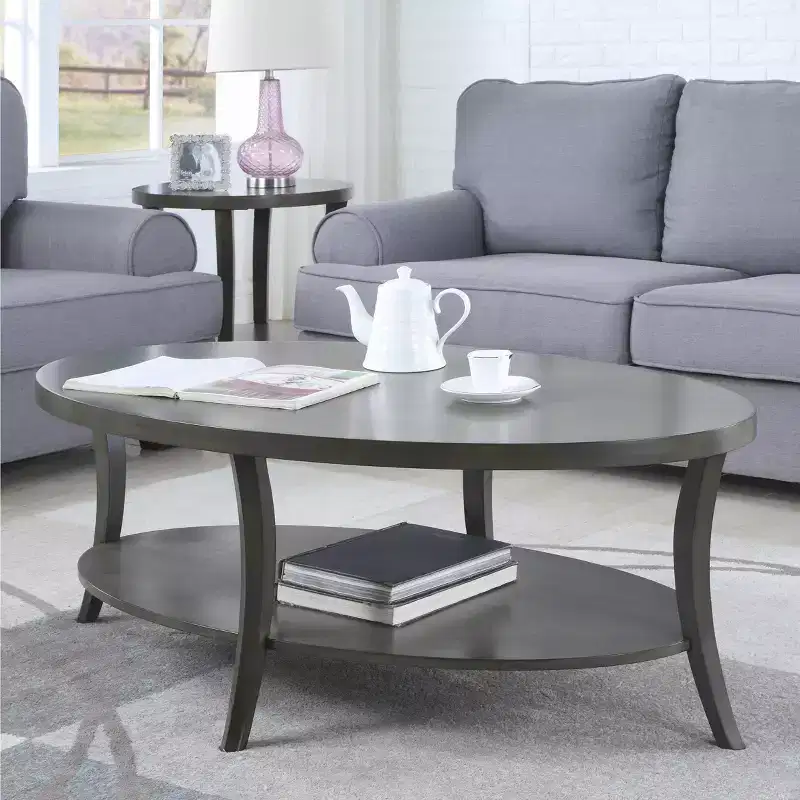 GDFStudio Adriano Modern Oval Wooden 2-Tier Coffee Table with Underneath Shelf