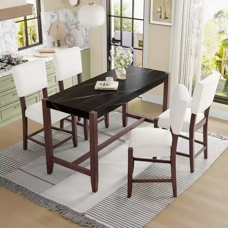 5 PCS Bar Height Dining Set with 4 Upholstered Bar Stool&Faux Marble Table, Counter Height Dining Set Bistro Dining Set, Mid-century Modern-ModernLuxe