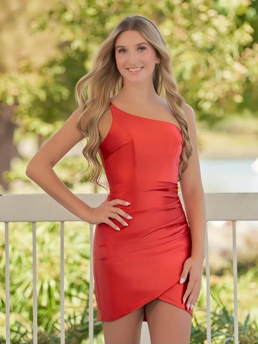 Sheath Red One Shoulder Satin Tight Homecoming Dress