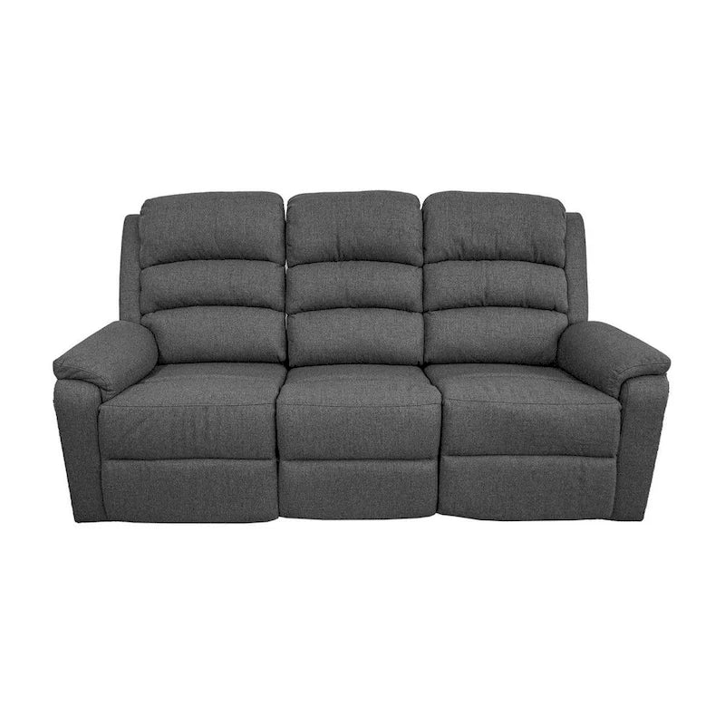 74 Inch Manual Recliner Sofa, 3 Seater, Gray Burlap Upholstery, Wood Frame