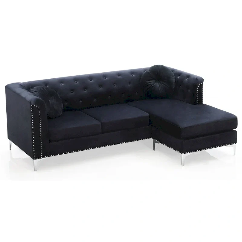 Velvet Button-Tufted Sofa with Reversible Chaise for 3-4 People