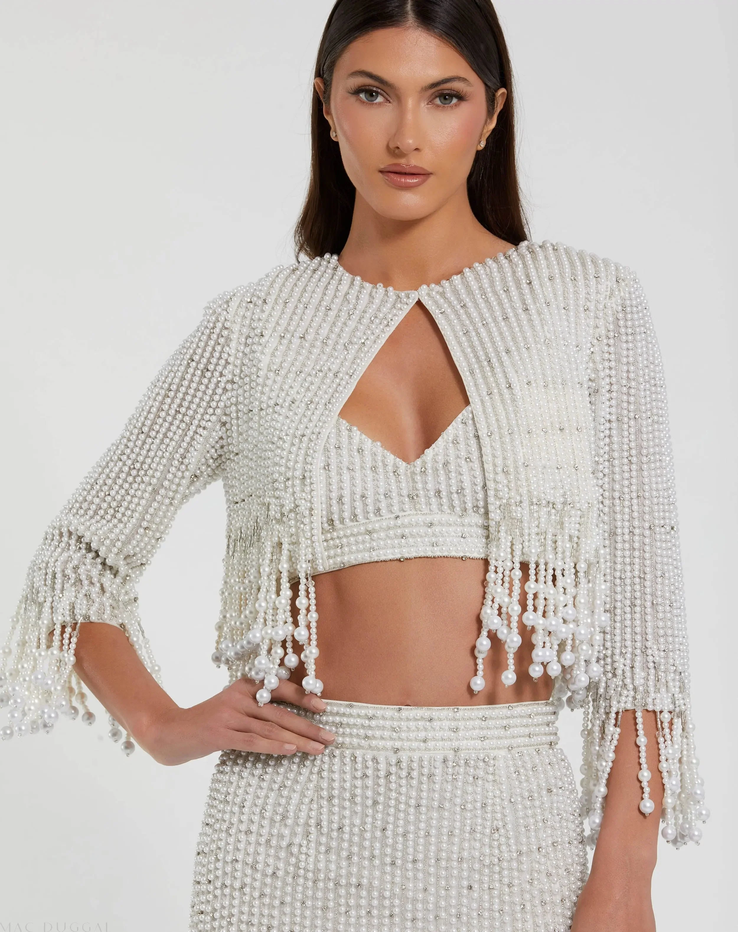 White Pearl Beaded Cropped Jacket