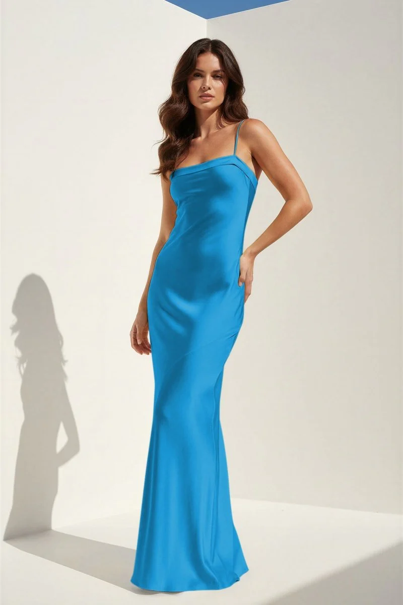 Yellow Spaghetti Straps Sheath Satin Open Back Long Prom Dresses