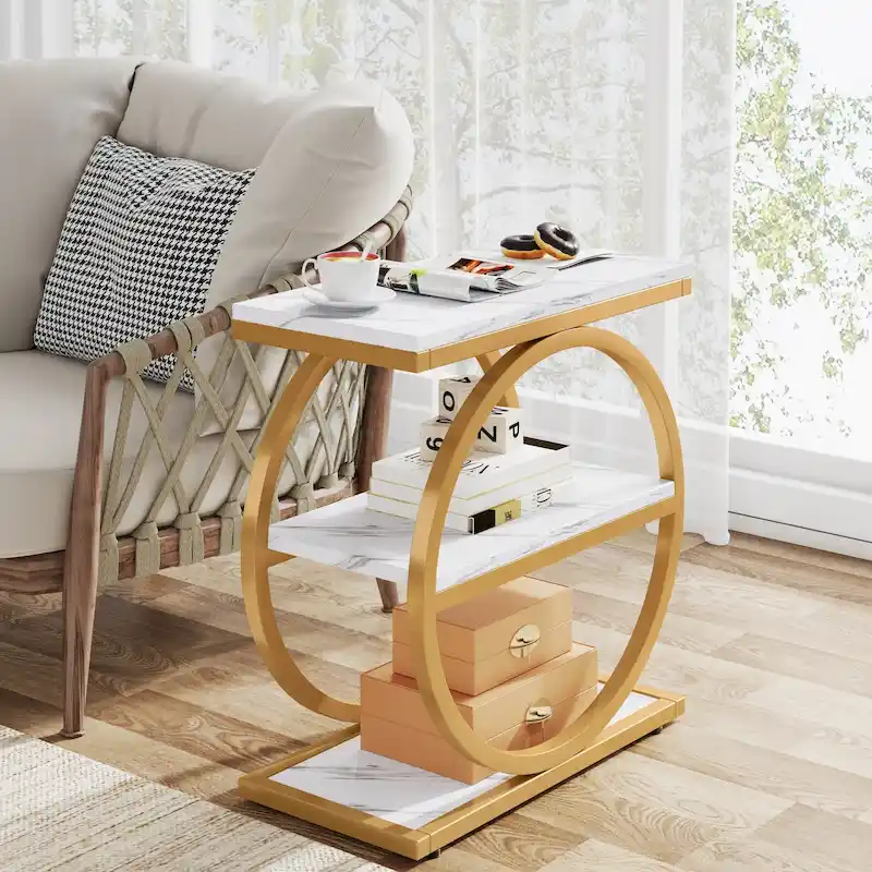 Industrial 3-Shelf Narrow End Table – Brown / Grey / Oak / Yellow