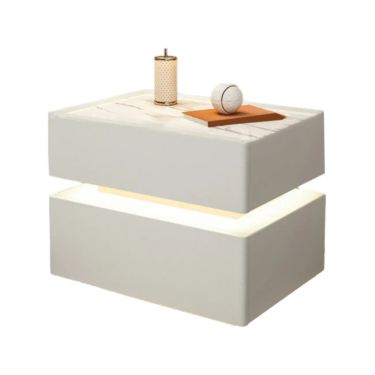 LED 2-Tier White Wooden Floating Nightstand with Drawer