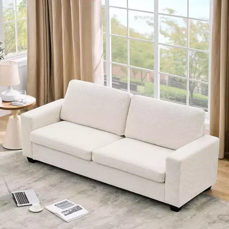 Acekool 83 Corduroy 3-Seater Sofa, Deep Seat Modern Couch with Wide Armrests, Plush Cushions, Beige, for Living Room or Apartment,Beige
