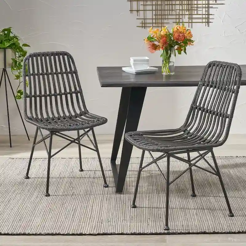 Wicker Dining Chair, Gray+Black / Light Brown+Black, Set of 2