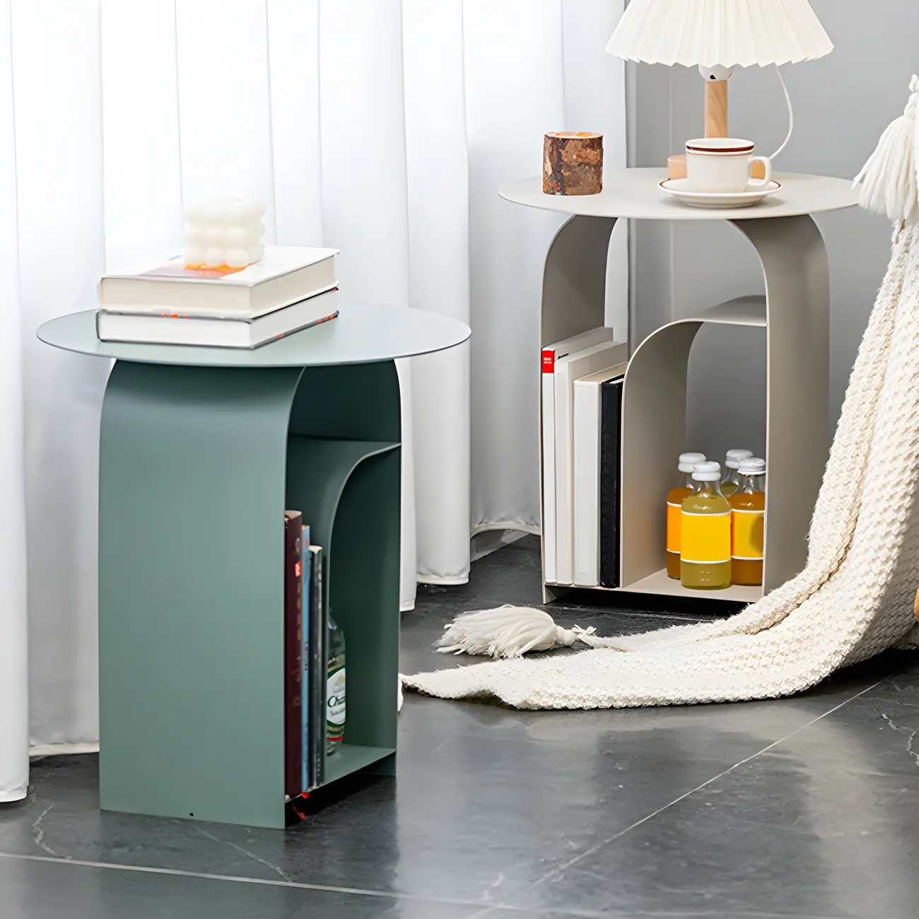 Industrial Narrow White Metal Bedside Table with Round Top