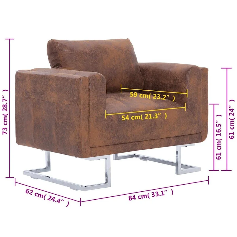 Cube Armchair Brown Faux Suede Leather - 33  x 24.4  x 28.7