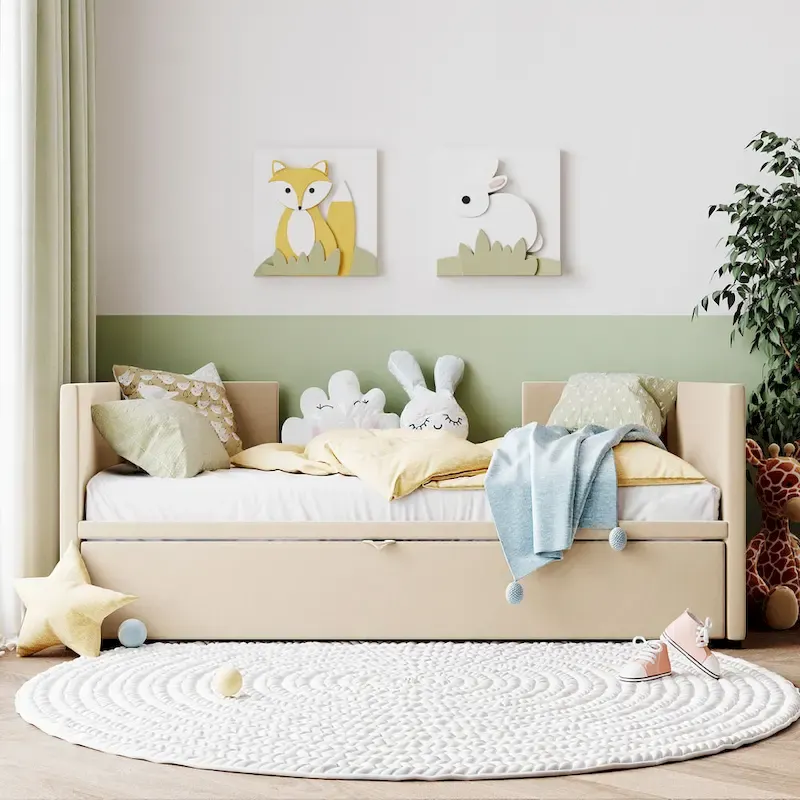 Beige Velvet Daybed with Pop-Up Trundle - Twin
