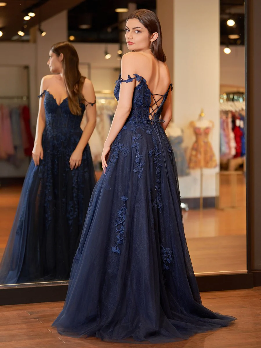 A-line V Neck Lace Tulle Prom Dress With Slit