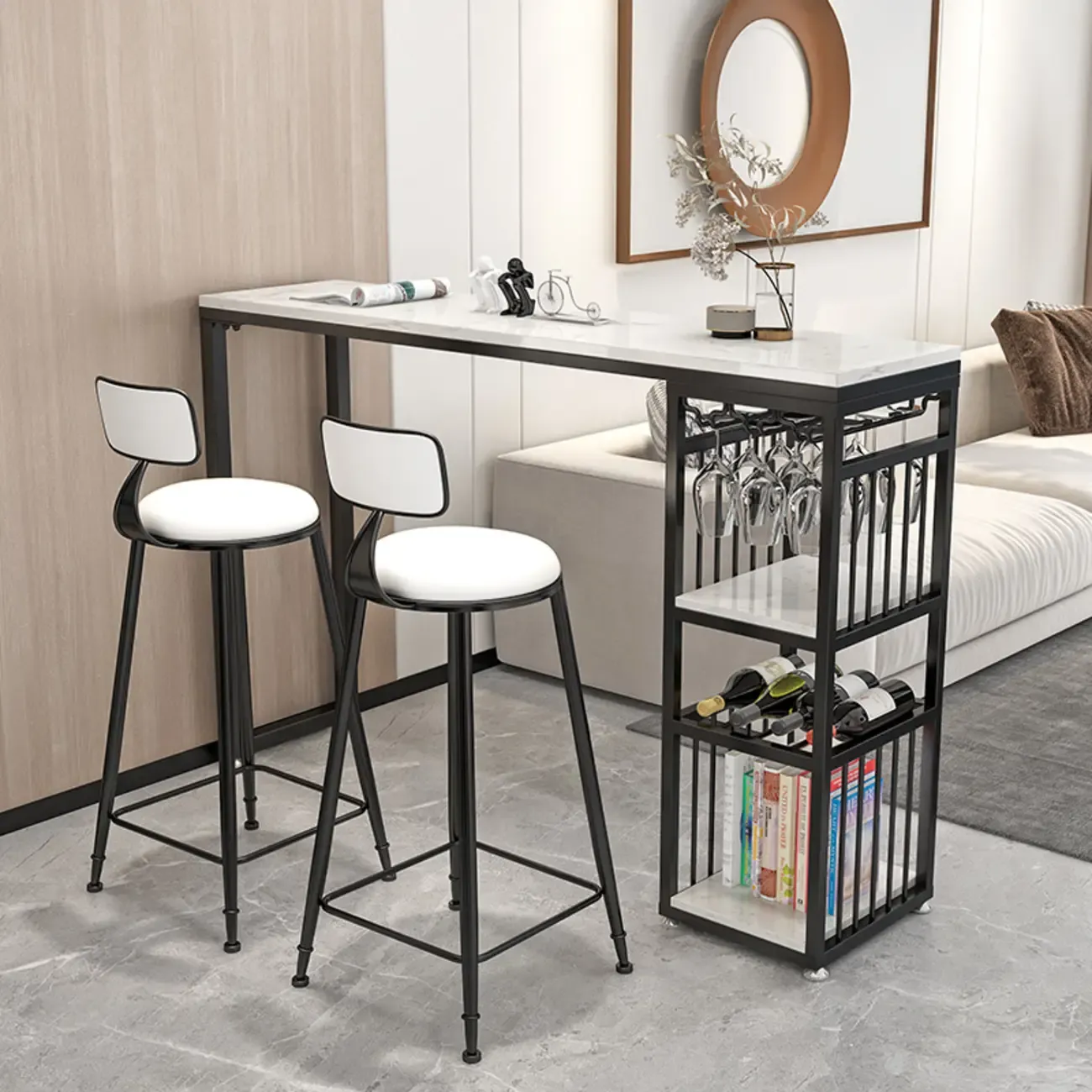 Modern Marble Rectangle Bar Table with Metal Storage Shelve for Living Room