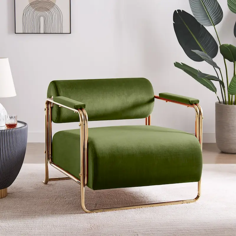 VANOMi 31 Wide Futuristic Velvet Armchair With Glossy Gold Frame Cylindrical Backrest