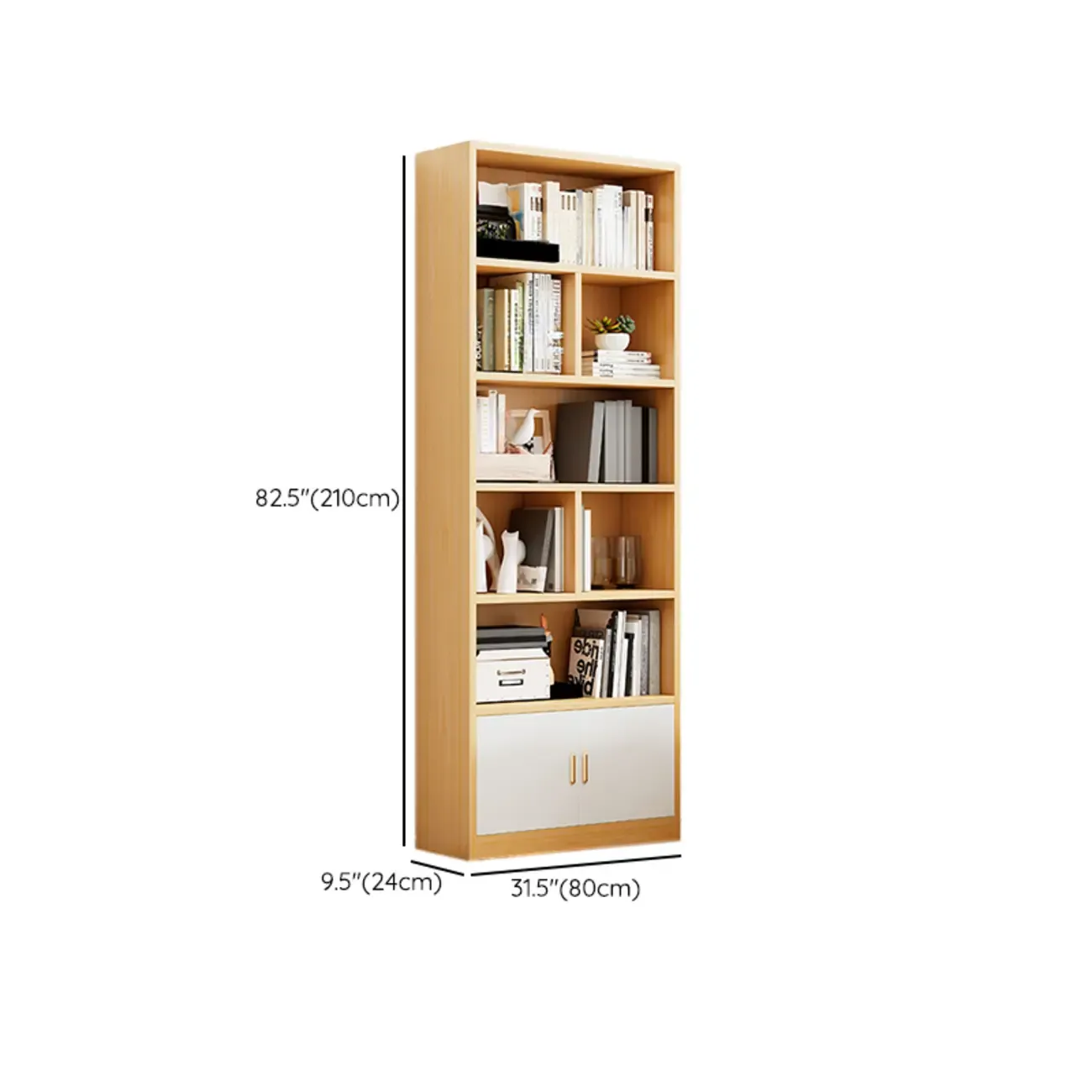 Natural Finish Narrow 6 Shelves Wooden Bookcase with Drawer