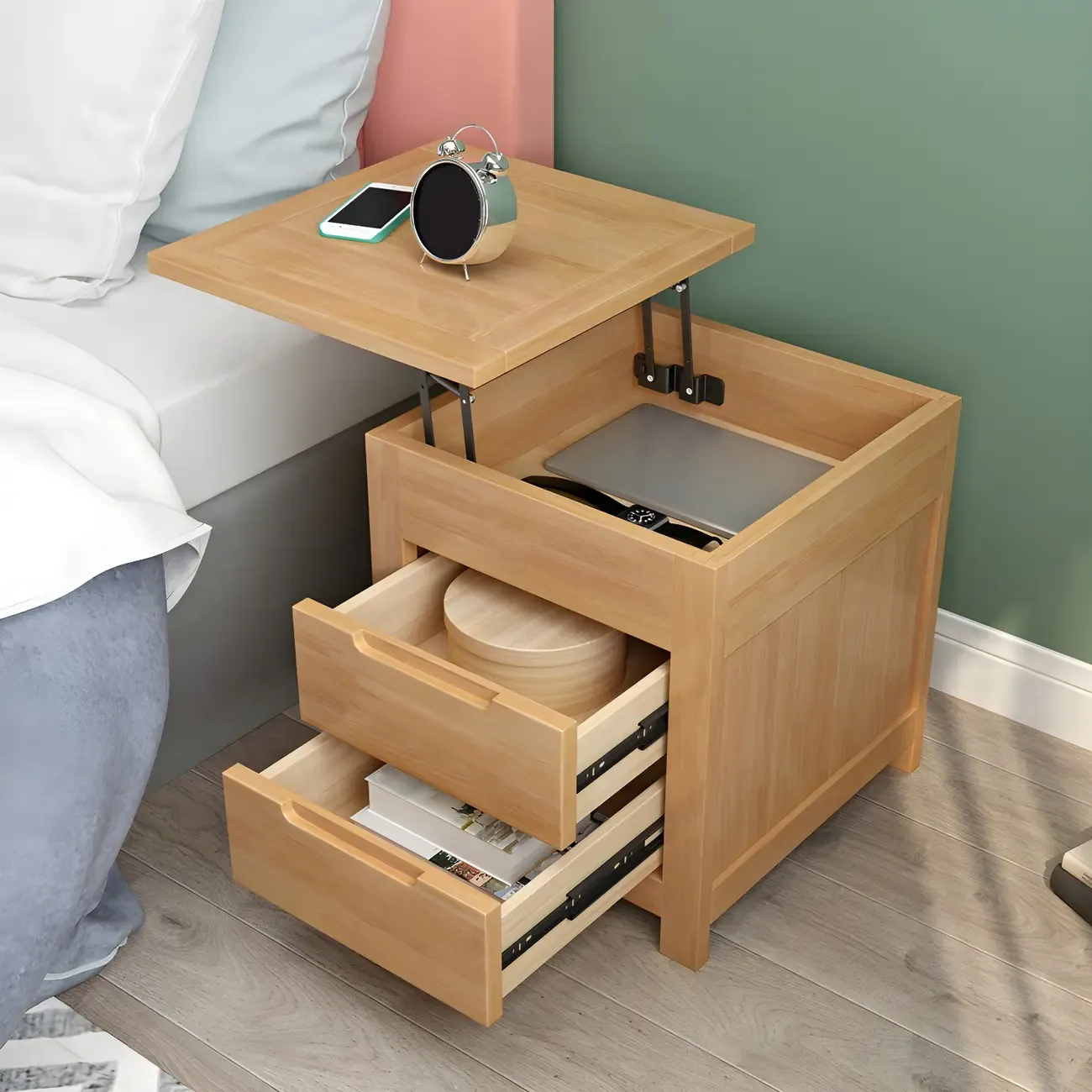 Narrow Rubberwood Lift-Top Bed Side Table with Drawers