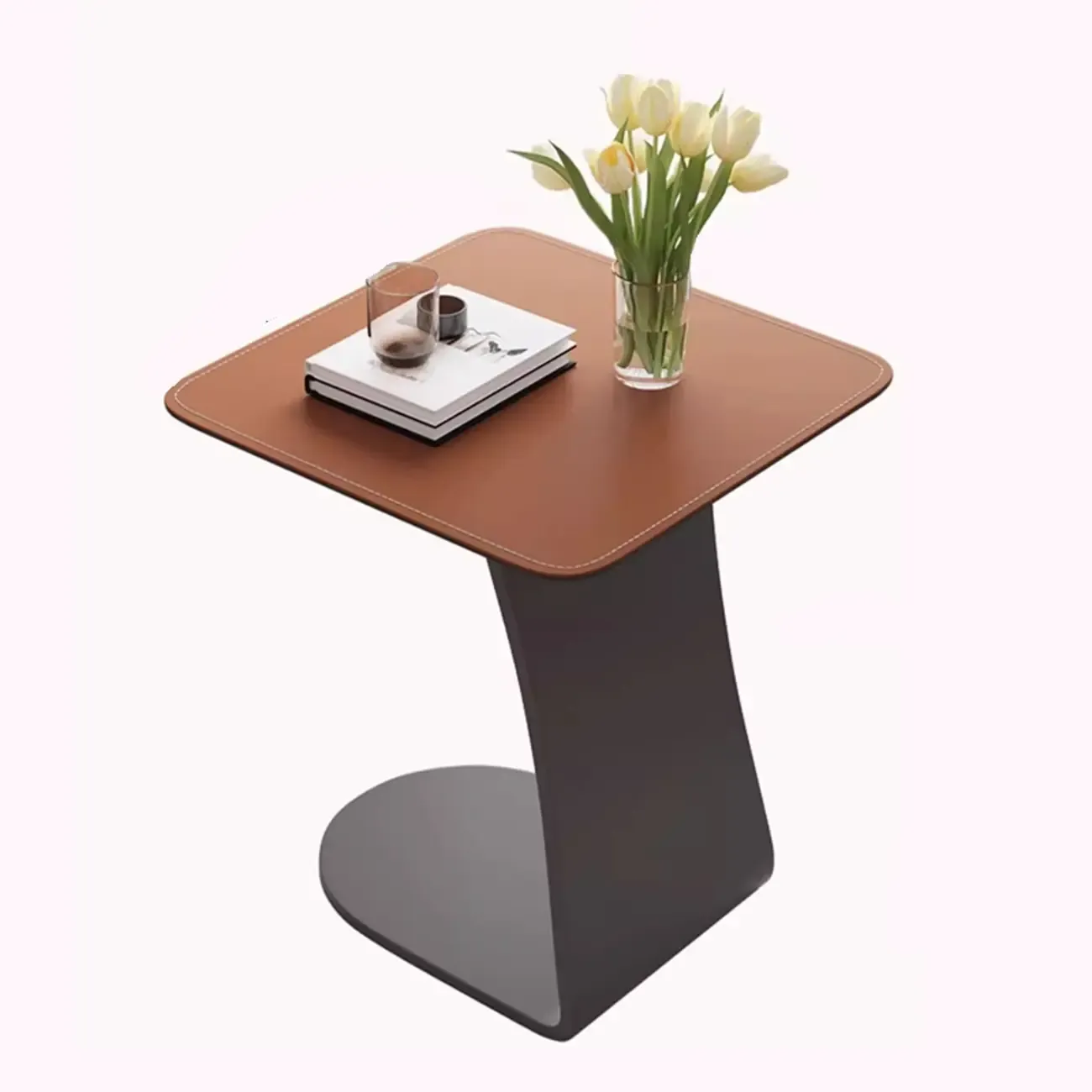 HomeyFad Square Leather Top C-Shape Metal Side Table