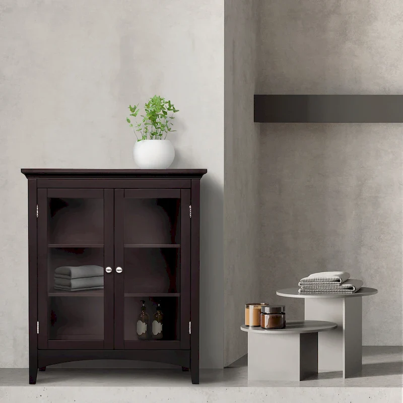 Espresso Two-Door Floor Cabinet with Glass Panels