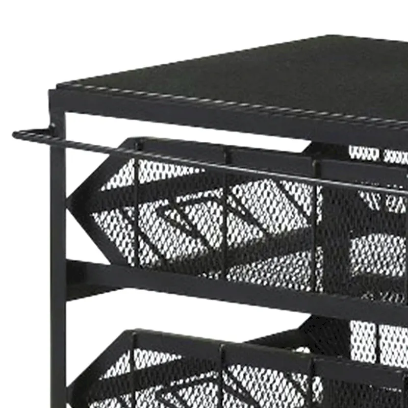 39 Inch Storage Cart, Lockable Caster Wheels, Wood Grain Details, Black