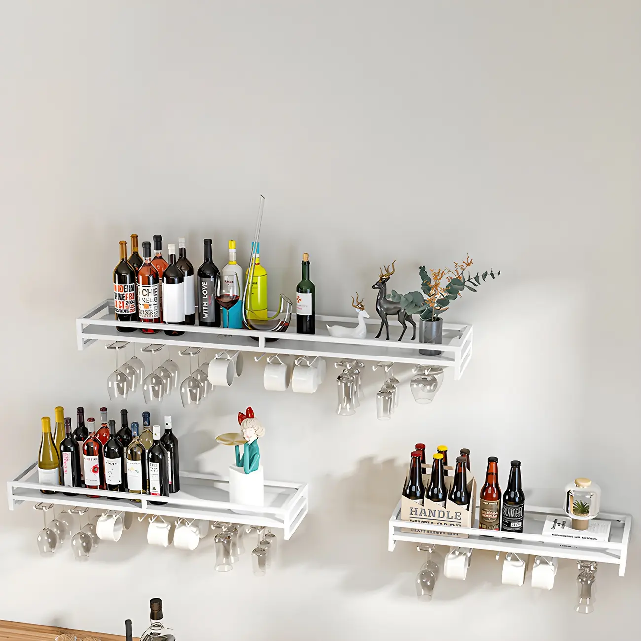 Floating Mount Metal Wine Glasses and Bottle Rack with Hook
