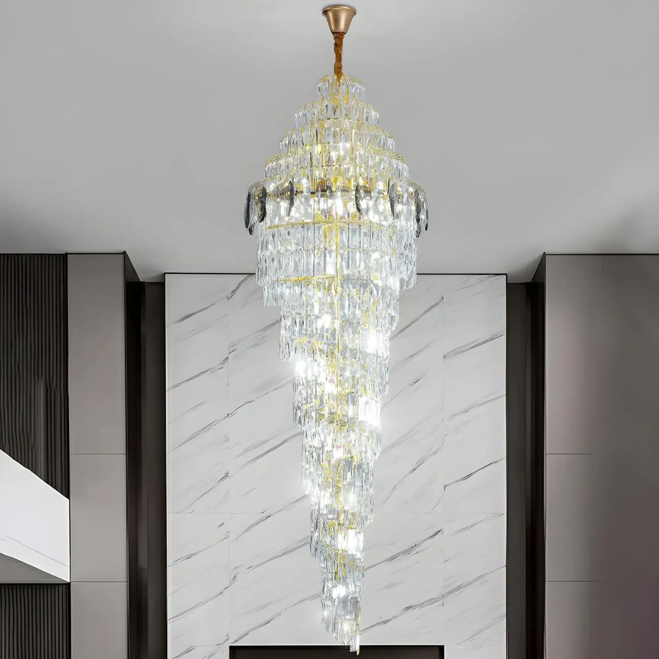 Luxury Gold Spiral Crystal Stairwell Chandelier Height Adjustable