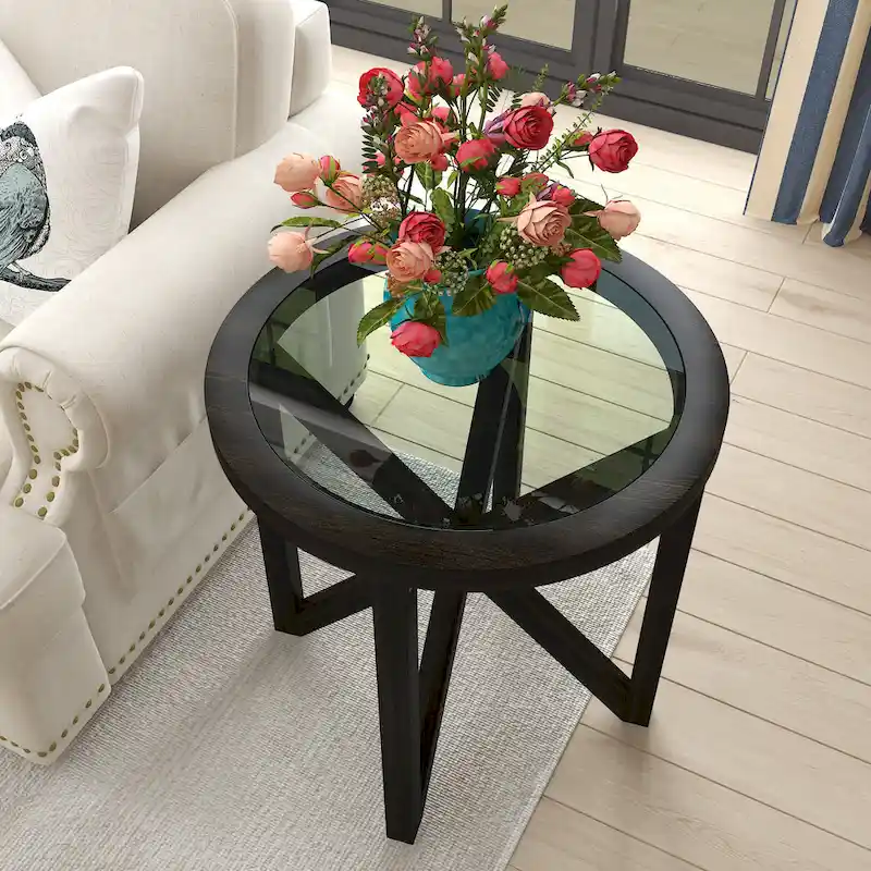 Glass Top Coffee Table with Wood Base