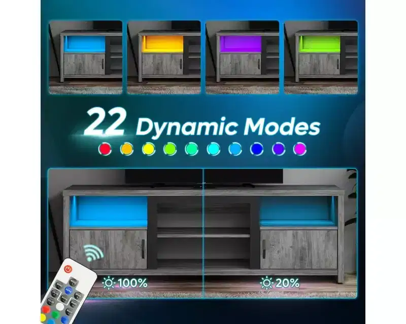 Bestier 70 Inch LED TV Stand with Storage Cabinets with LED Lights, Entertainment Center with Cabinet & Open Shelves