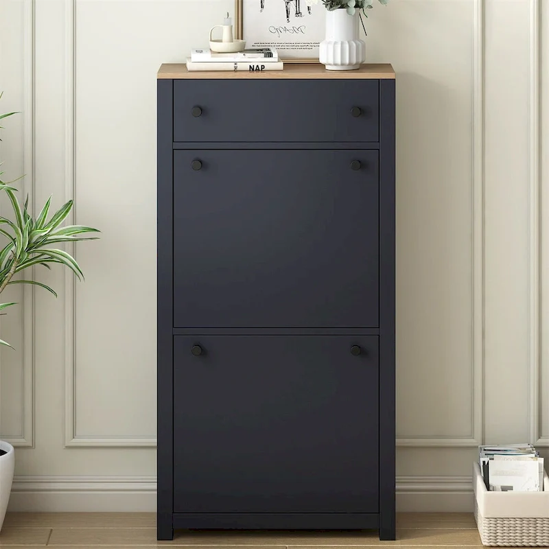 White / Black Flip-Door Shoe Cabinet with Drawer, 2-Person Household, 12 Pairs