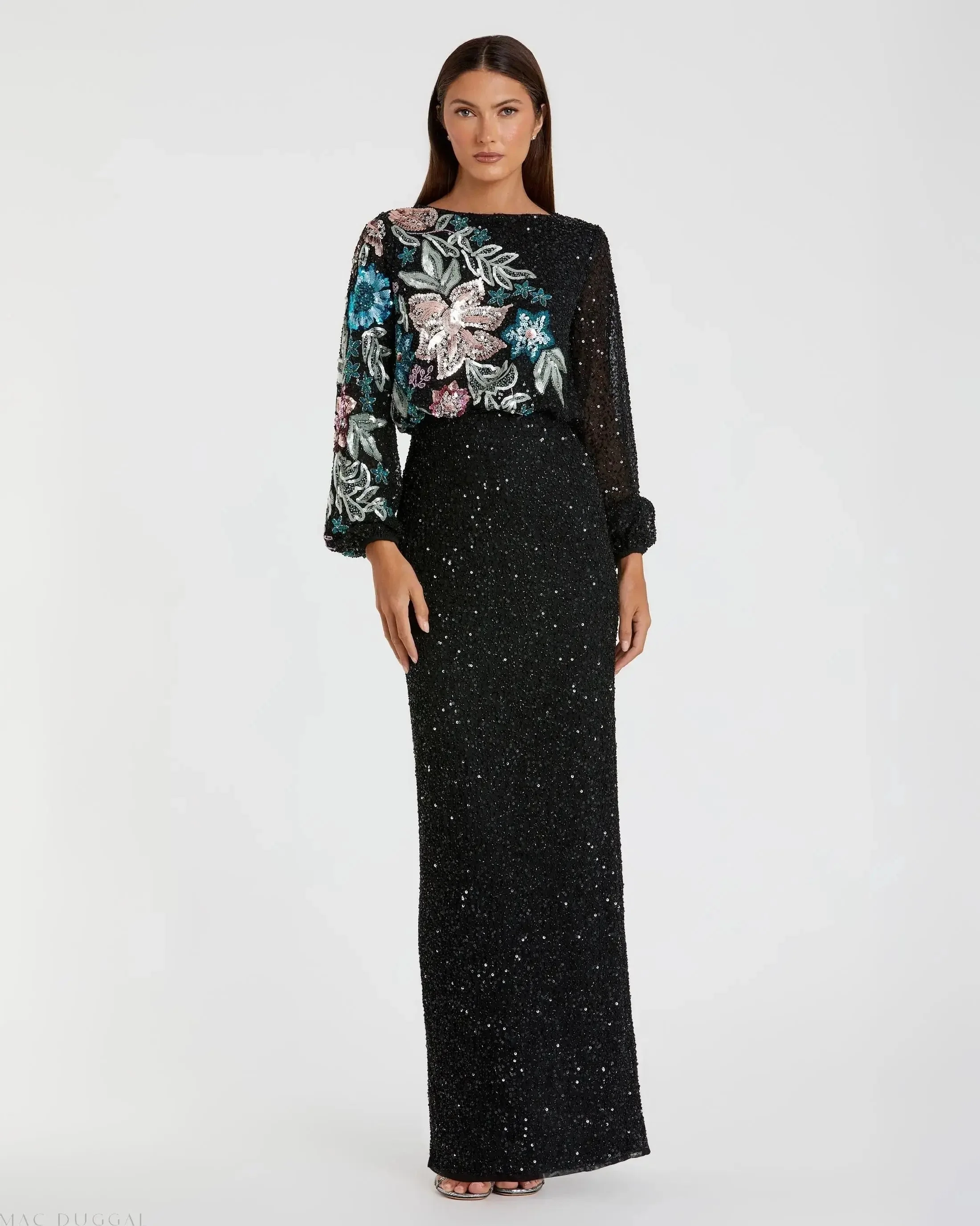 Black High Neck Long Sleeve Sequin Gown