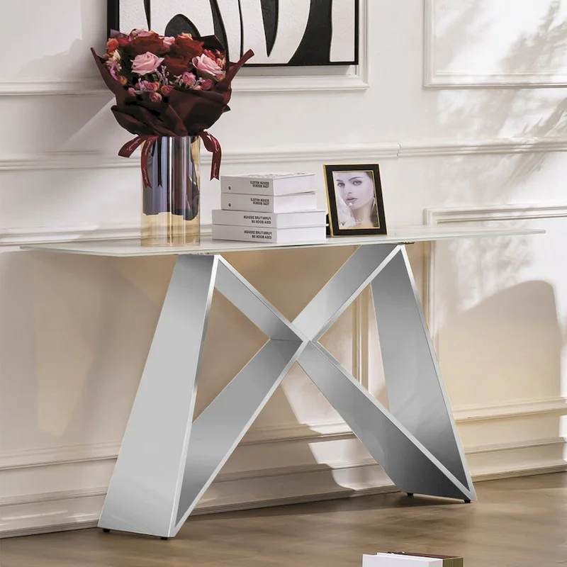 55 inch Rectangle White Glass Console Table with Mirrored M-Shaped Base
