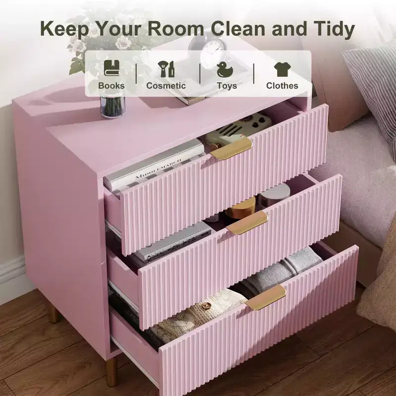 Modern 3-Drawer Dresser, with Gold Handle & Large Drawer for Bedroom Storage, Pink