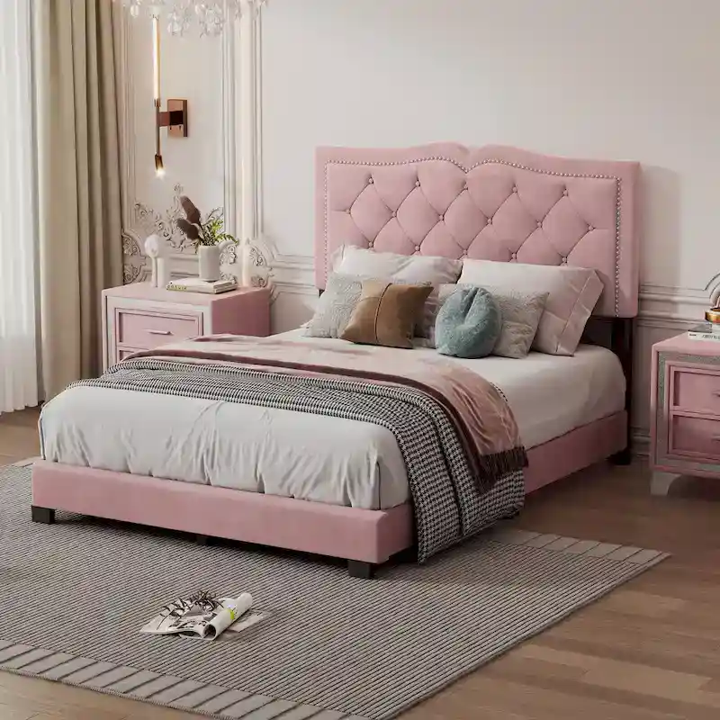 Full Size Velvet Upholstered Platform Bed with Tufted Headboard – Pink