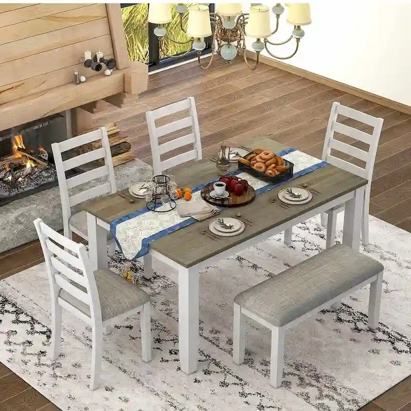 60 Farmhouse Rectangular Dining Table with 4 Upholstered Chairs and Bench