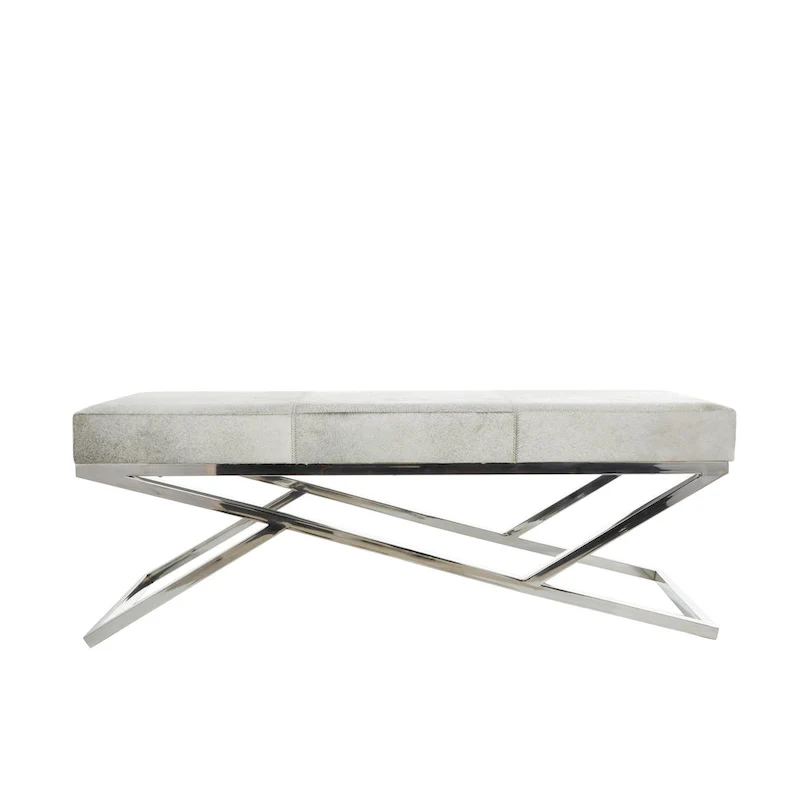 Leather Geometric Home Bench with Angled Silver Metal Base - Light Grey