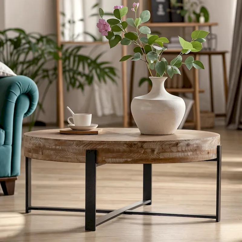 33.86  Modern Retro Splicing Wooden Round Coffee Table with Cross Legs Base