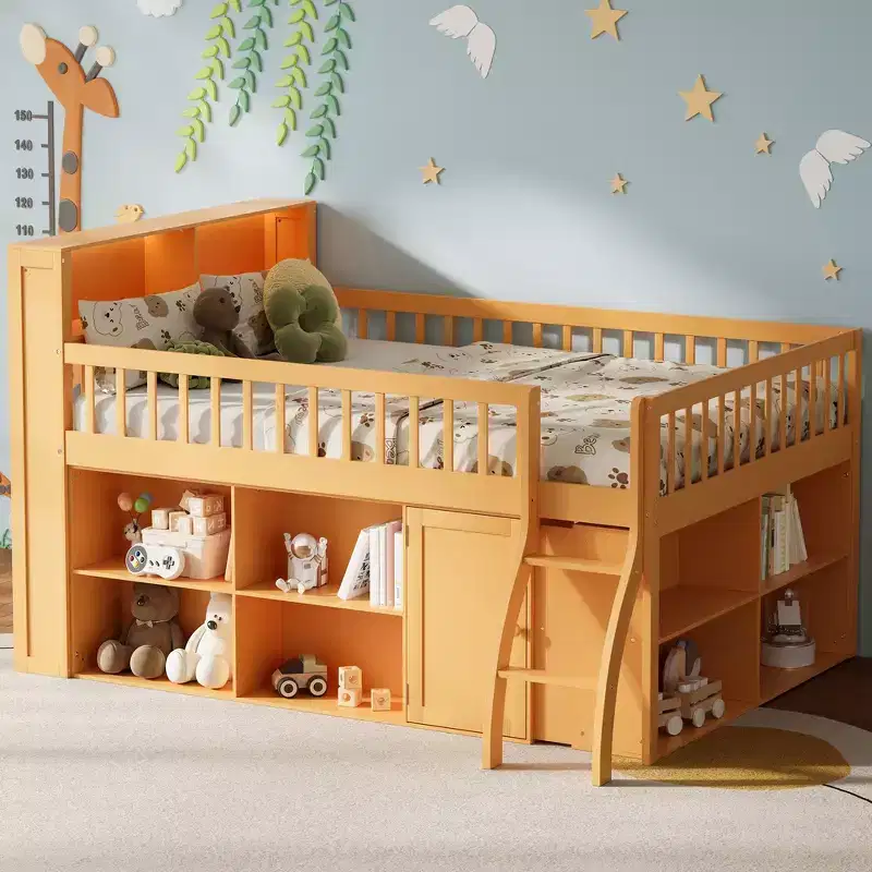 Whisen Full Size Loft Bed Frame with Storage, Built-in Headboard, Space-Saving Design