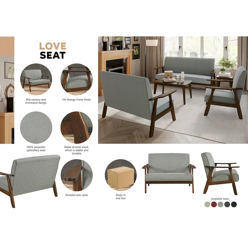 Mid-Century Modern Loveseat 2-Seater Sofa with Wooden Arms - Light Gray Linen Upholstery 46.69