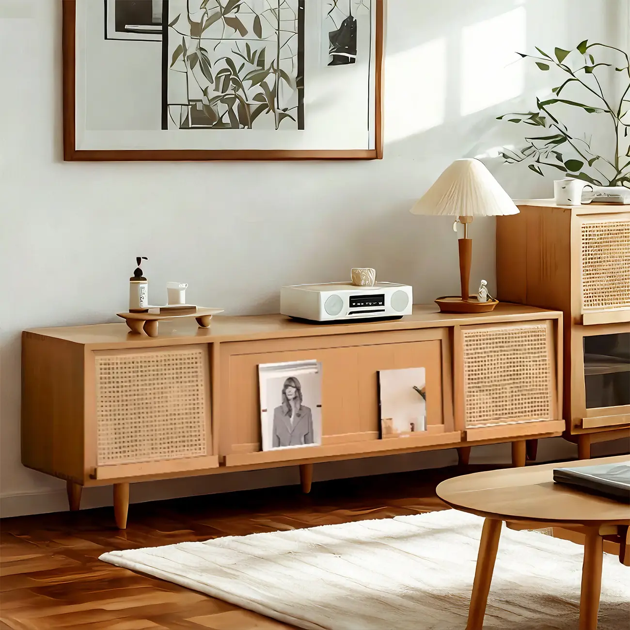 Natural Finish Wooden Glass Door TV Stand with Cabinet