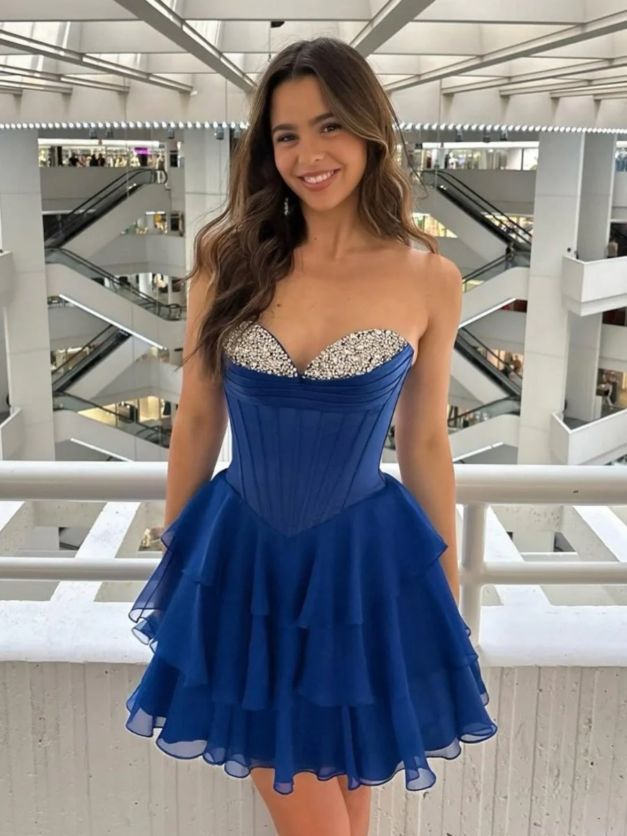 Royal Blue - Strapless A Line Ruffles Homecoming Dress With Beading