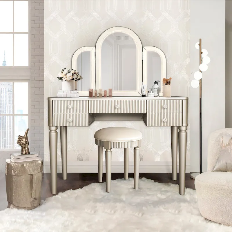 Champagne Mirrored Vanity with LED Light and Stool