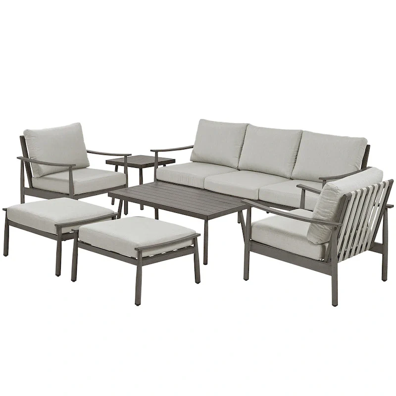 7-Piece Aluminum Patio Conversation Set, 3-Seat Outdoor Couch with Ottomans and Coffee Table