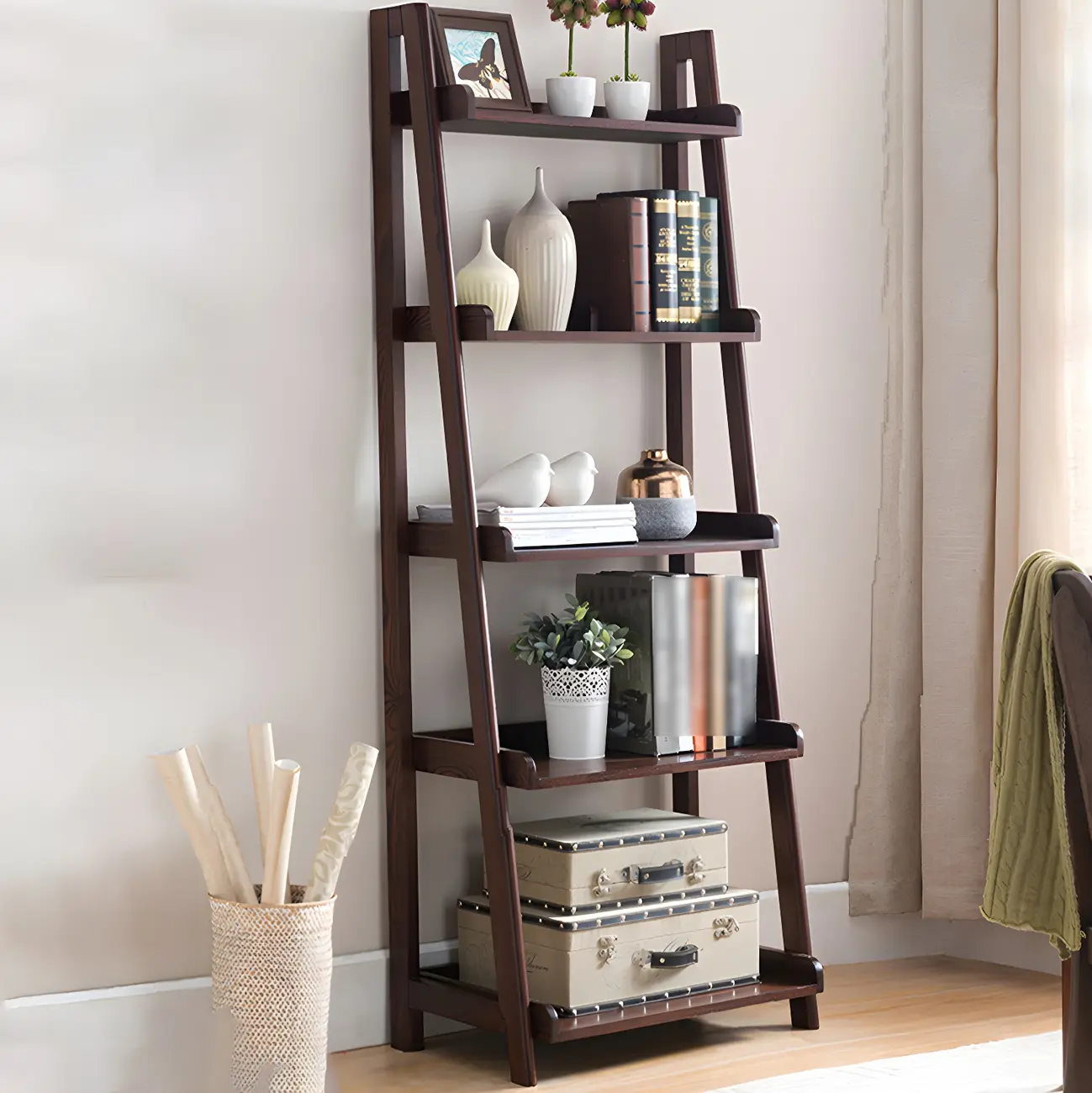 Scandinavian Wood Walnut 5-Tier Ladder Bookcase