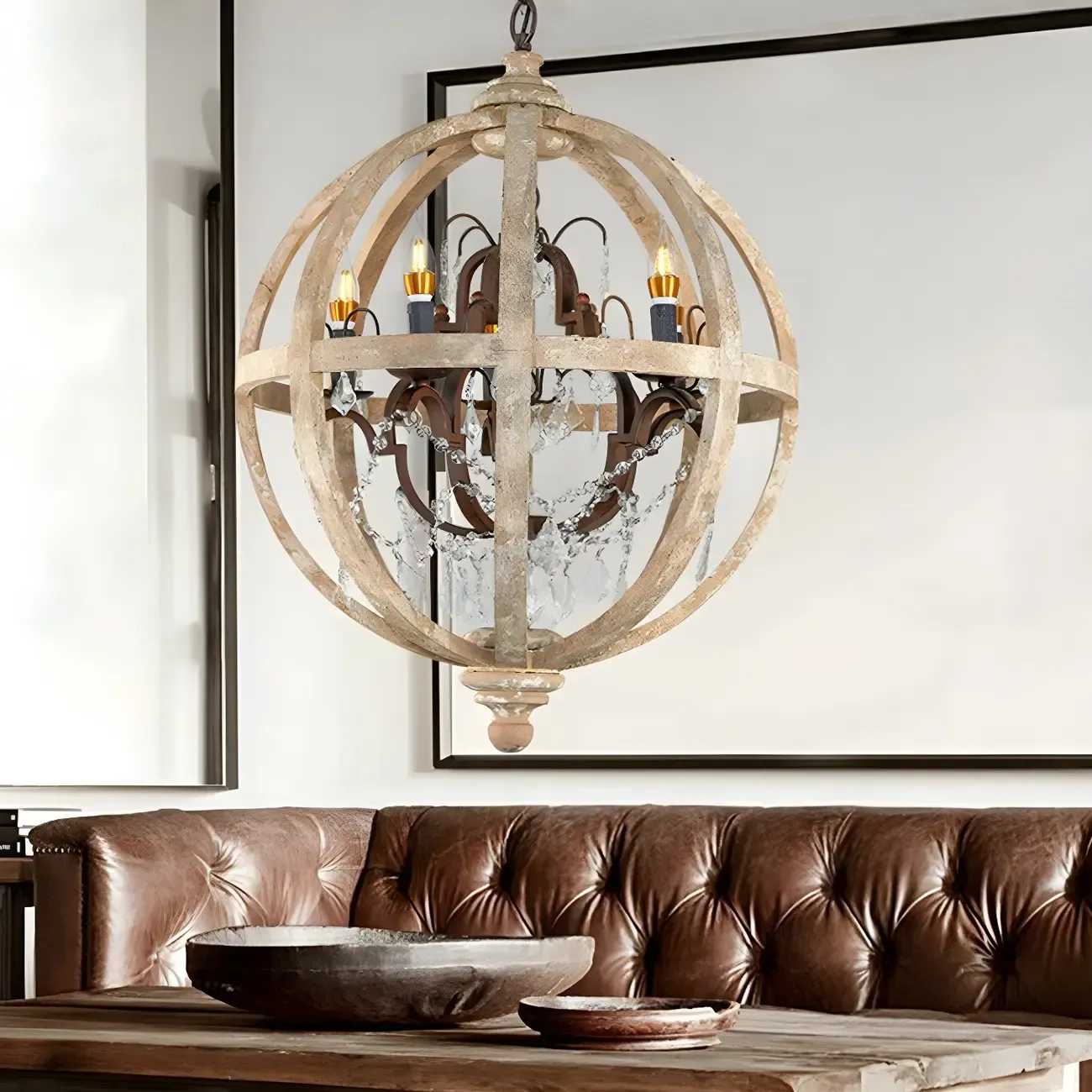 Traditional Vintage Crystal Wood Orb Chandelier