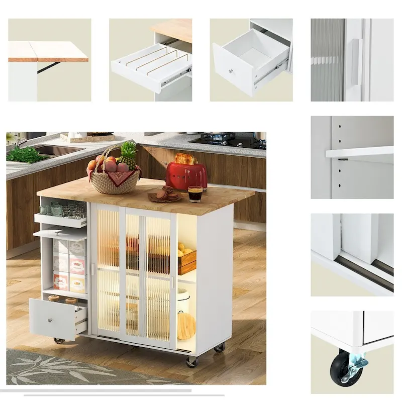 Kitchen Island with Drop Leaf,LED Light Kitchen Cart on Wheels