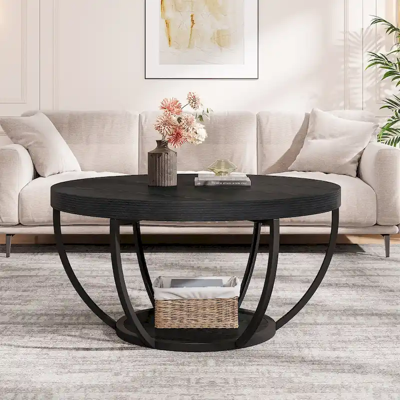 Wooden Coffee Table, 2-Tier Round Central Cocktail Table with Shelves