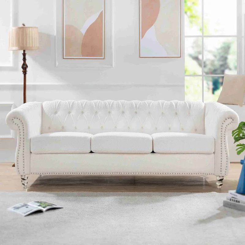 White Chesterfield-Style Rolled Arm 3-Seater Sofa with Silver Stud Trim - Fits 3 People