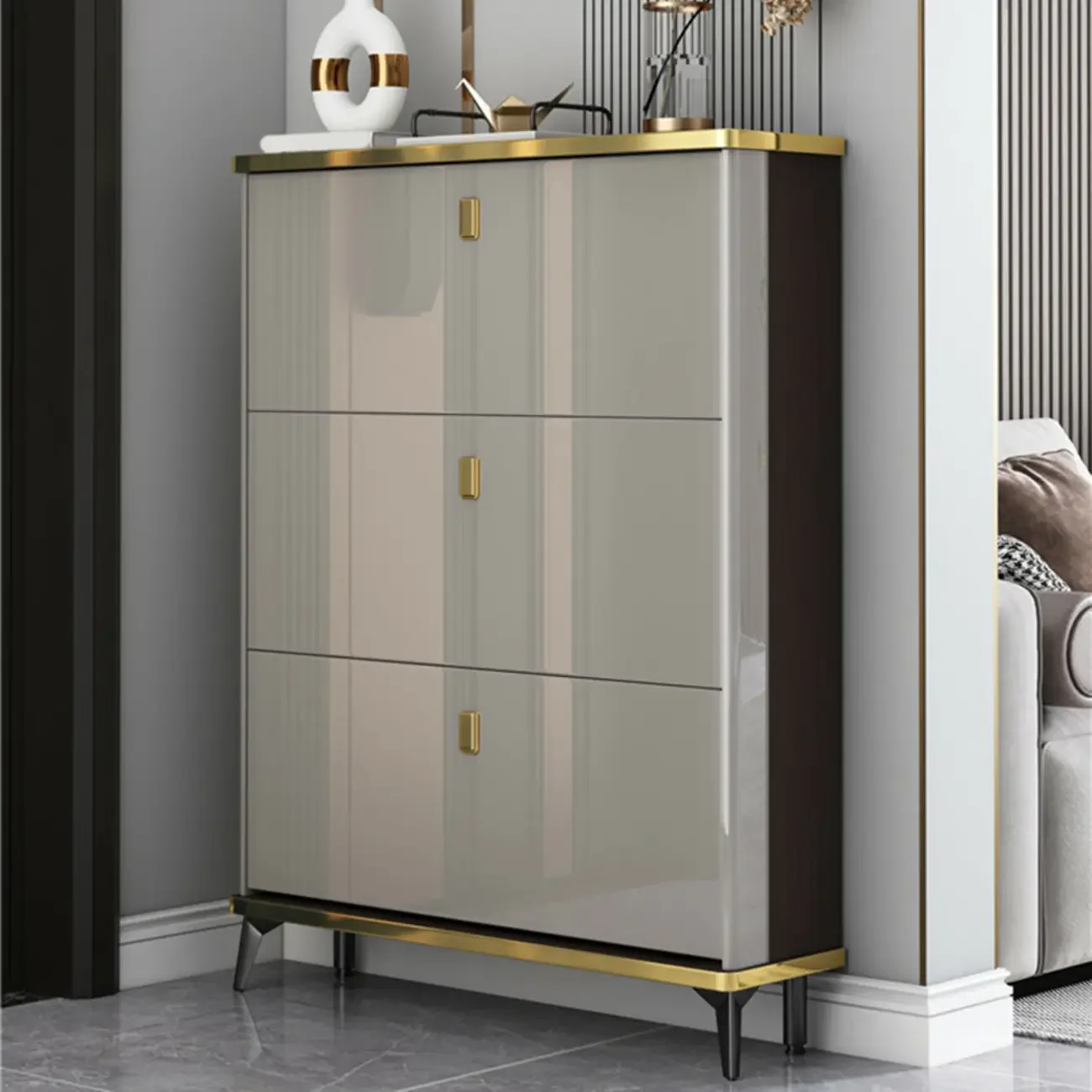 Grey Wooden Drop Front Shoe Cabinet for Entryway