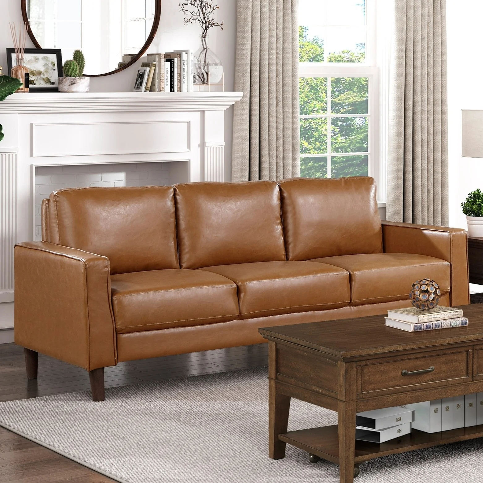 Modern Style Brown Faux Leather 3-Seater Sofa Couch
